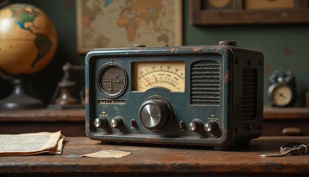 Vintage military radio set on old desk, world map background. Antique communication tech, aged device, military equipment. Retro design with globe, clock. Perfect for history, communication, vintage