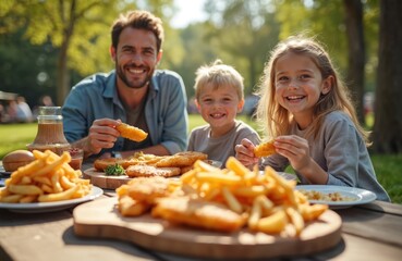 Family picnic with fish and chips. Smiling father with son and daughter. They sit at the wooden table outdoor, enjoy lunch. Happy family meal, summer day in nature, vacation with kids.