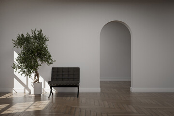 Empty white wall with arched entry and furniture decoration. 3d rendering of showroom interior.