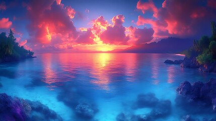 Vibrant tropical sunset reflects across a tranquil ocean horizon landscape