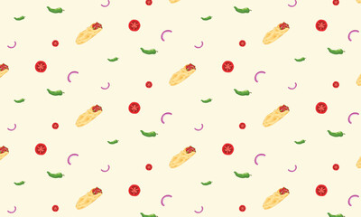 Mexican Food Seamless Pattern – Hand-Painted Watercolor Illustration of Burritos, Peppers, Tomatoes, and Onions