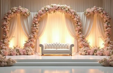 Elegant wedding ceremony with white backdrop, floral decor. Luxury design, romantic mood for celebration. Modern interior with floral arches. Event background, beautiful setting.