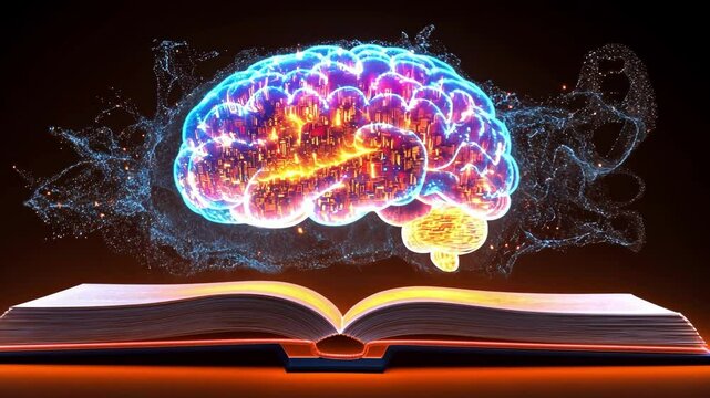 Glowing digital brain emerging from open book depicting knowledge and technology - Powered by Adobe
