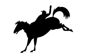 Silhouette of a rodeo cowboy riding a bucking horse on white background