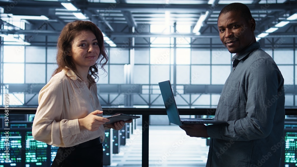 Poster portrait of happy system administrators in data center using devices, verifying firewall configurati