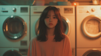 young woman in laundromat with warm lighting