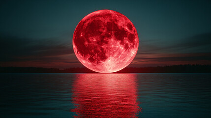A chilling blood moon glows red through eerie clouds, casting an ominous light over a shadowy forest. The mysterious atmosphere evokes fear, supernatural myths, and dark symbolism