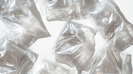 Obraz premium Realistic plastic wrap overlay set on transparent background. Vector illustration of square polyethylene pieces with wrinkled surface, stretch film wrapping texture, crumpled cellophane package