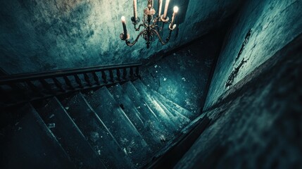 Mysterious Staircase with Vintage Chandelier in a Haunted Atmosphere Creepy Interior Design G