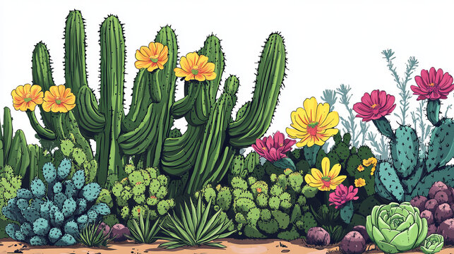 Set of cactus, desert cacti flowers stetsonia, carnegia, selenicereus and rhipsalidopsis with saguaro or opuntia. Cartoon blooming succulents with green prickly leaves and blossoms Vector illustration