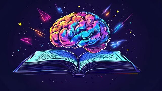 Vibrant brain illustration over an open book with cosmic elements