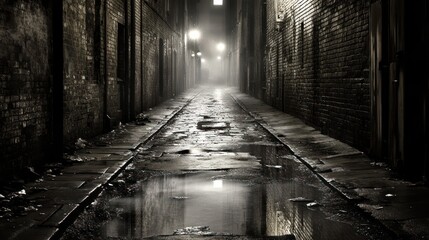Nocturnal Urban Scene Atmospheric Alleyway with Puddles Reflecting Streetlights and Brick Wall