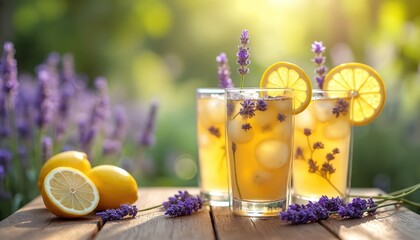 Refreshing herbal lavender tea with lemon slices, ice in glasses on wooden table. Natural serene setting with purple flowers. Calmness mindfulness atmosphere, outdoor eco friendly vibes.