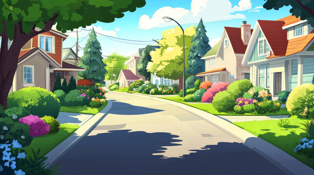 City street with garden and buildings behind fence. Vector parallax background for 2d animation with cartoon illustration of summer landscape with road, sidewalk, green bushes and trees