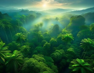 Fototapeta premium Sunrise Mist Shrouds Lush Tropical Palm Forest Canopy