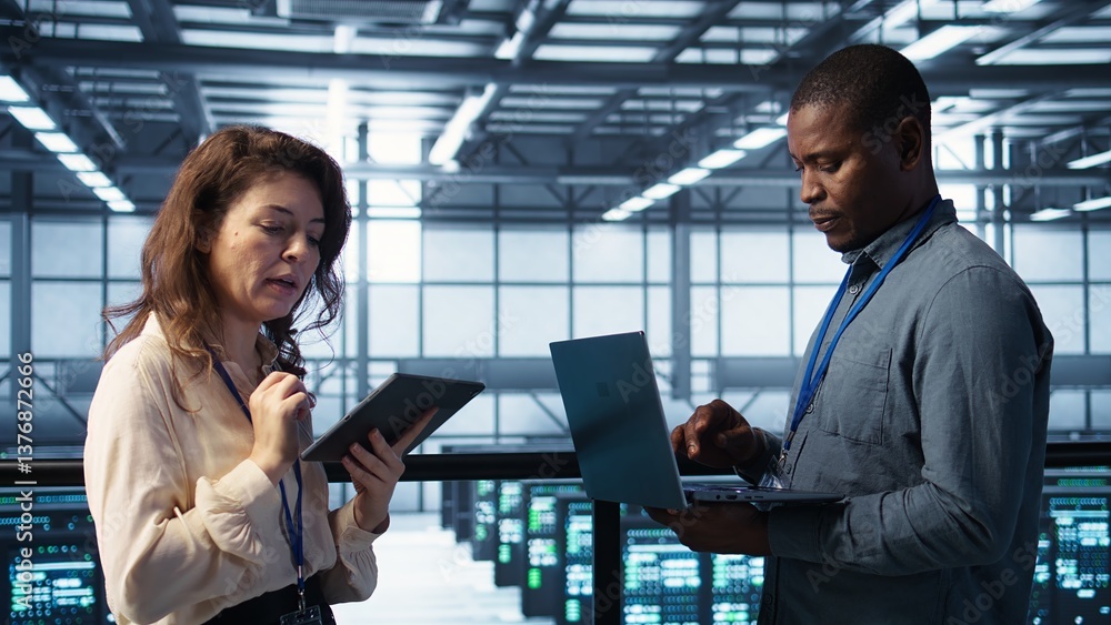 Poster system administrators using notebook device in data center, managing server virtualization. it speci