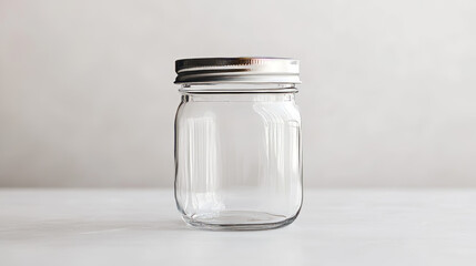 Empty glass jar with screw and metal lid. Realistic vector illustration set of transparent clear open and close with silver cap container for food storage and canning. Blank kitchen package mockup.
