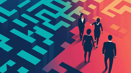 Choice way isometric landing page, business men choose between three doors to enter in maze, employees overcoming labyrinth challenge, aim achievement, task solutions, 3d vector line art web banner