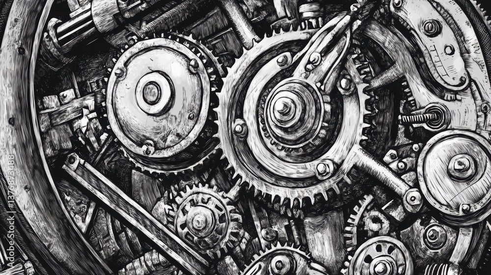 Poster Close-up of intricate gears and mechanical parts in monochrome.