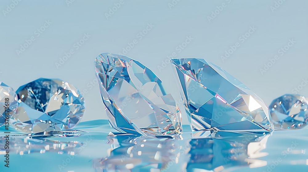 Poster glistening diamonds rest on a reflective surface. the light plays on their facets, creating a stunni
