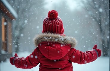 Child in red winter coat stands by window, watching falling snowflakes. Snowy day winter landscape. Kid enjoys snowfall, wearing warm hat, mittens. Joyful child, cozy, enjoying winter fun, cold