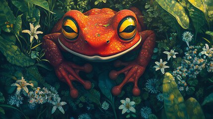 Cute red frog with smiling face and yellow eyes jump in forest with green trees, bushes and grass. Cartoon vector funny amphibian animal character leap in woodland with greenery and daisy flowers.