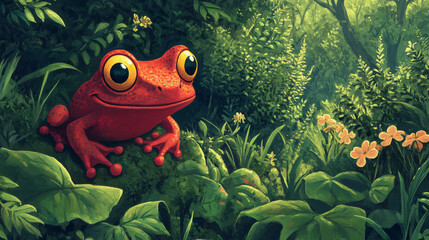 Cute red frog with smiling face and yellow eyes jump in forest with green trees, bushes and grass. Cartoon vector funny amphibian animal character leap in woodland with greenery and daisy flowers.