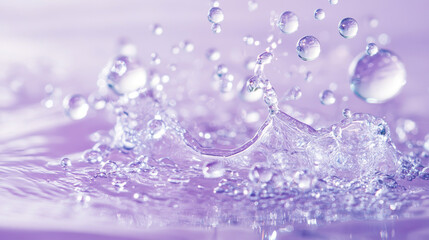 Liquid collagen, serum drops on purple background. Pure water splash, clear droplets and spills of skin care cosmetic, vector realistic illustration with copy space