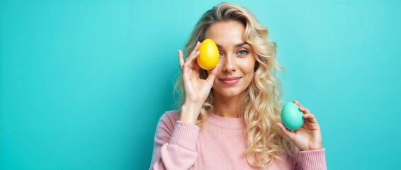 A cheerful woman holding vibrant yellow and cyan Easter eggs, symbolizing celebration and springtime joy, surrounded by soft pastel tones against a vibrant turquoise background.

