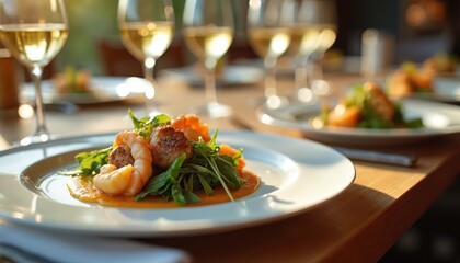 Fancy dinner table setting with plates of gourmet food. Fresh seafood with white wine glasses. Dining, restaurant or cafe concept. Fine dining, elegant setting, luxury lifestyle.