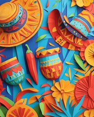 cinco de mayo festive background, colorful papel picado banners, maracas, sombreros, and chili peppers, vibrant Mexican celebration