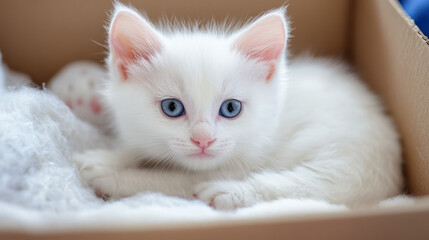 Welcome friend poster with cute cat in cardboard box. Concept of new pet present, adoption homeless animals. Vector banner with cartoon illustration of white kitty in carton box in room