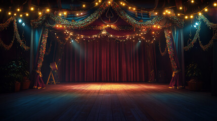 Cartoon circus stage night arena with curtain. Theater podium for dance competition television show backdrop. Dark music performance platform with garland and neon light. Drapery on concert fabric