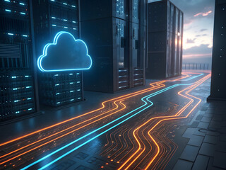 Modern Data Center. Illuminated Cloud Infrastructure and Digital Connectivity.