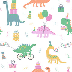 Naklejka premium Happy Birthday party seamless pattern. Dinosaurs with cakes, gifts, and balloons.
