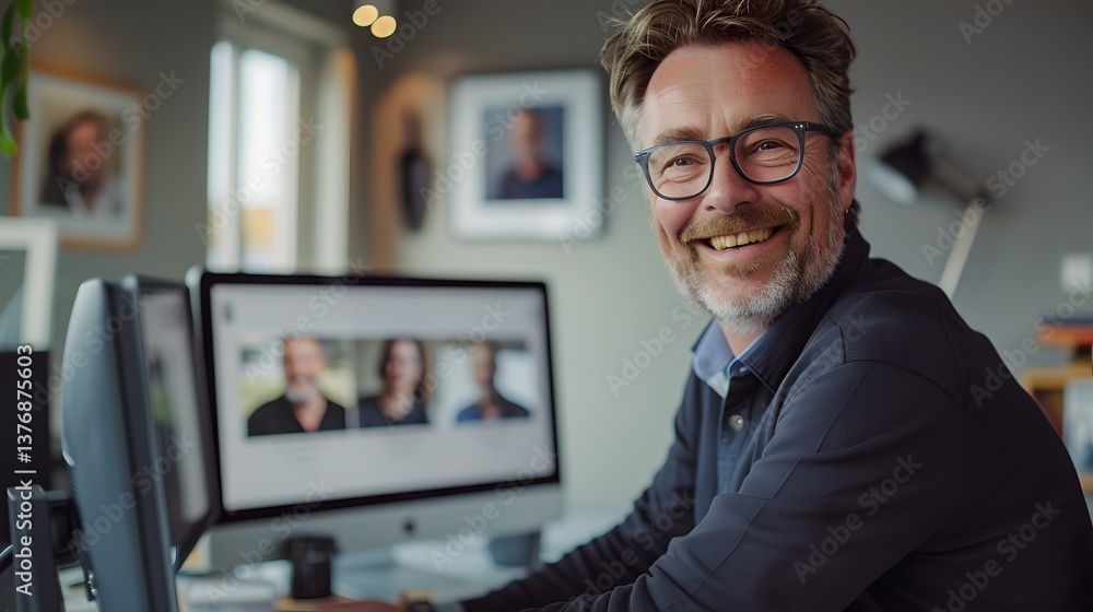 Poster a happy man smiles while working at his computer. he is in a modern office space. the image captures