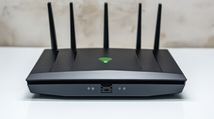 Fototapeta premium Modern Wireless Router with Five Antennas for Enhanced Connectivity and Signal Strength in a Home or Office Setting, Ideal for Streaming and Gaming