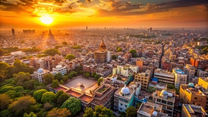 Naklejka premium Aerial View of Delhi's Skyline at Sunset, India - Drone Photography