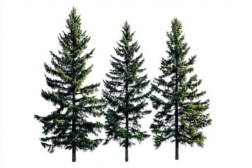 Three tall evergreen trees with lush green foliage standing in a row against a white background.