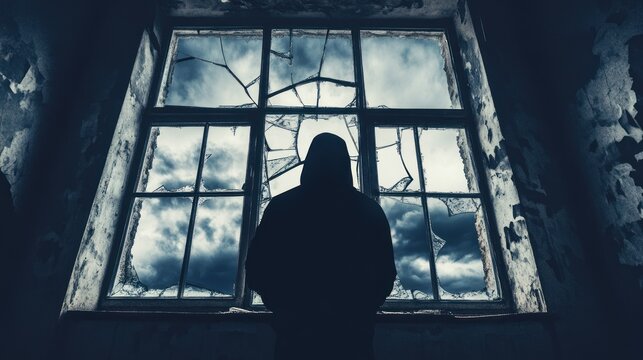 Silhouette of a hooded figure standing in front of a shattered window evoking mystery and aban