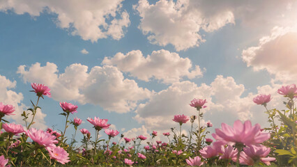 Obraz premium Background with pink flowers and bright sky