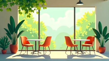 Obraz premium Cozy cafe interior with orange chairs and large windows showing a lush green landscape