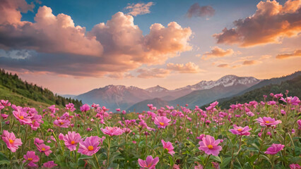 Obraz premium Background with pink flowers and bright sky