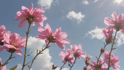 Obraz premium Background with pink flowers and bright sky