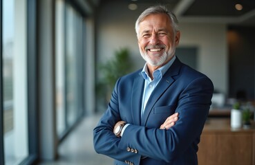 Smiling middle aged businessman CEO stands in modern office with arms crossed. Confident executive manager, proud lawyer, businessman leader wears blue suit. Business success.