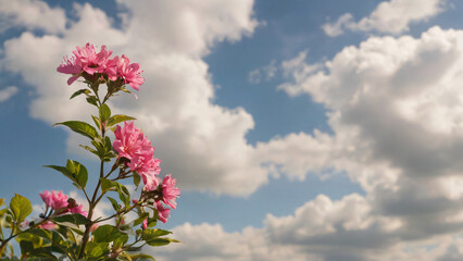 Background with pink flowers and bright sky