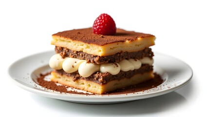 Assorted cakes with berries and chocolate on a white plate