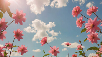 Fototapeta premium Background with pink flowers and bright sky