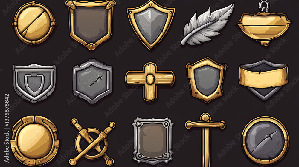 Poster medieval game menu frames, ui elements, buttons, plaques. gold, silver and bronze banners with ornat