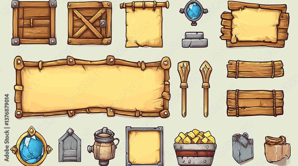 Poster medieval game menu frames, ui elements, buttons, plaques. gold, silver and bronze banners with ornat